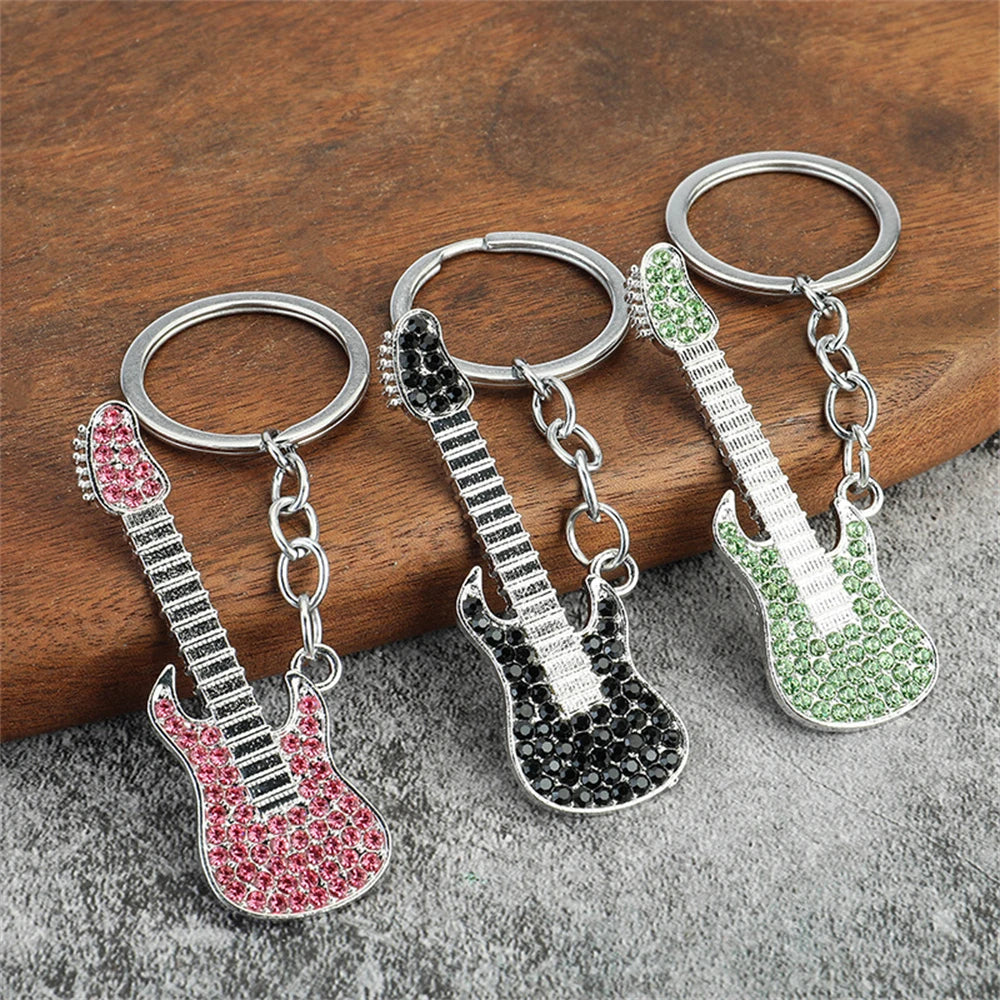 Creative Mini Musical Instruments Guitar Keychain Multi-Color Rhinestone Car Handbag Phone Case Pendent Gift