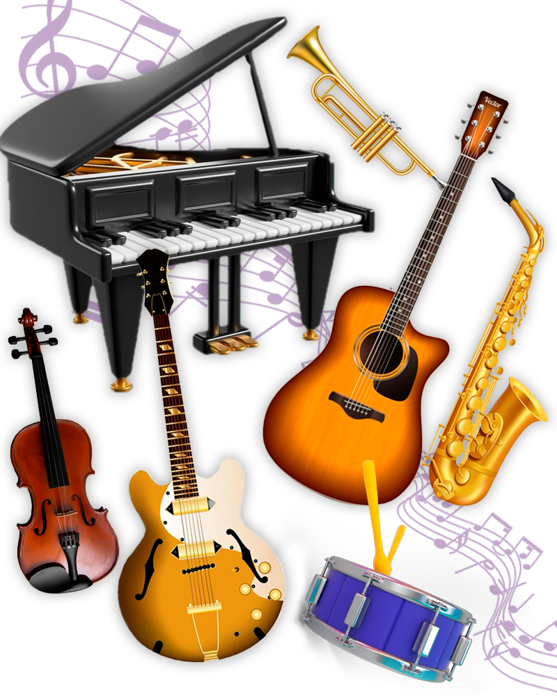 a lots os instruments musical notes a piano, guitar, eletric guitar, drum, sax, trumpet and a violin