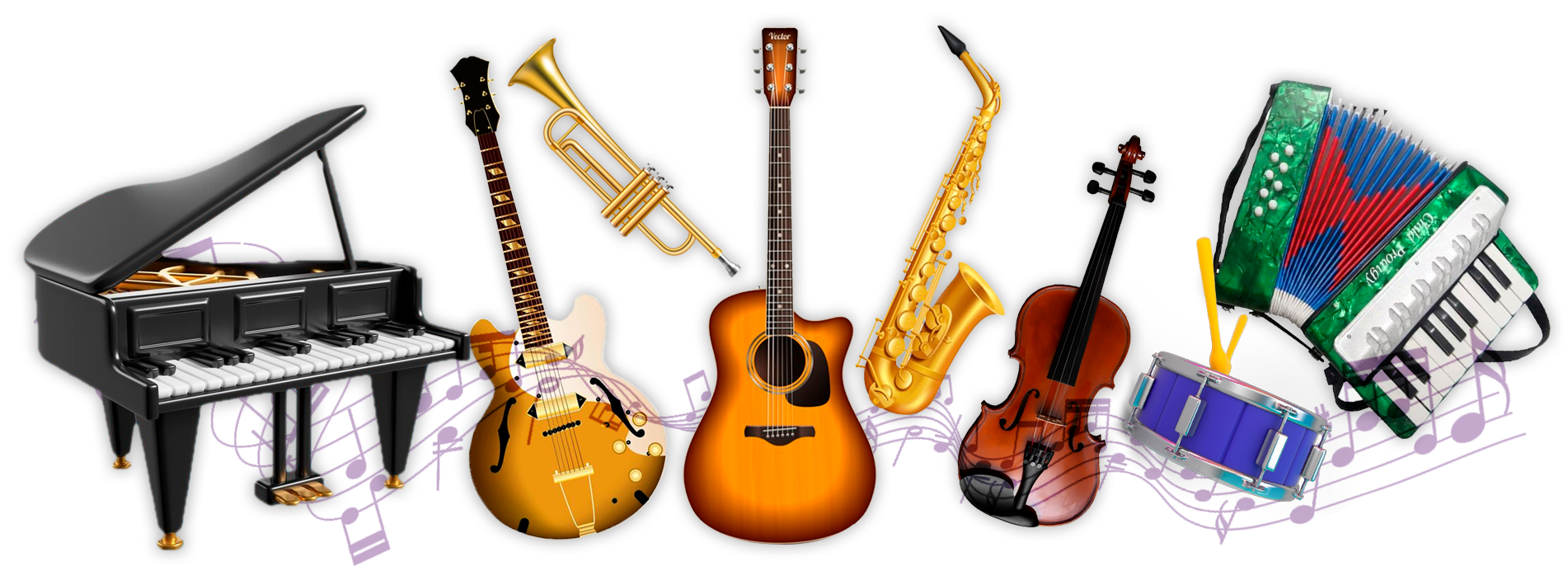 a lots os instruments musical notes a piano, guitar, eletric guitar, drum, sax, trumpet and a violin