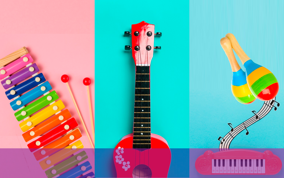 picture of kids instrument toys like a guitar a little keyboard rattle