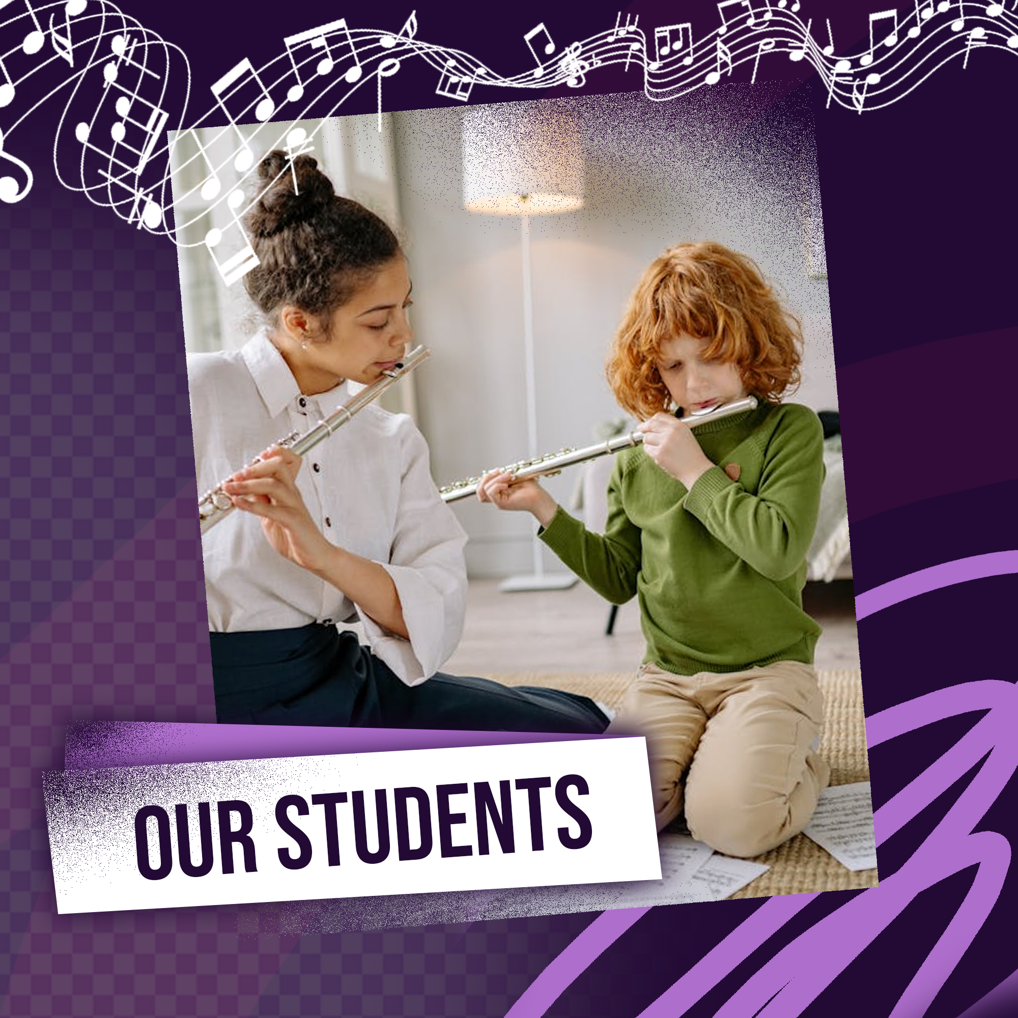 picture of a young woman teacher and a little boy with red hair student playing flute